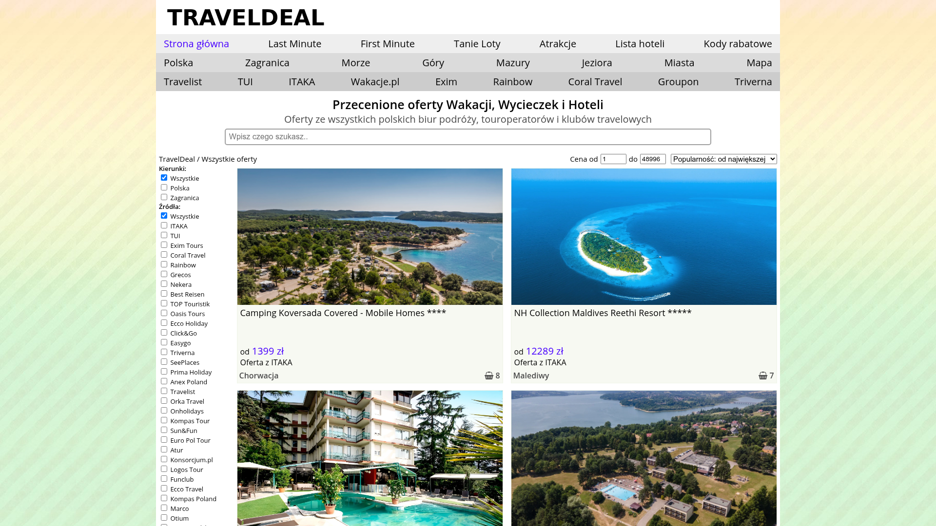 Zrzut ekranu portalu Traveldeal.pl (traveldeal.pl) — pozycja 2 w rankingu wyszukiwarek wakacji 2026: Wyszukiwarka wakacji z gwarancją najniższej ceny i pełną gamą touroperatorów.