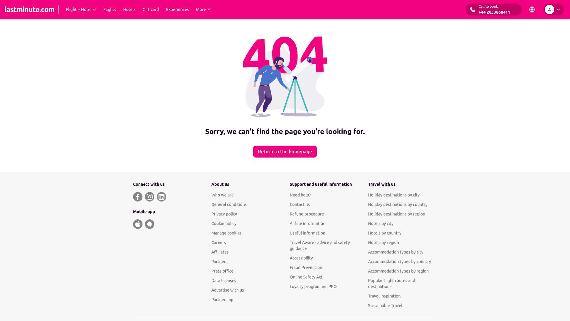 Zrzut ekranu portalu Lastminute.com (lastminute.com) — pozycja 16 w rankingu wyszukiwarek wakacji 2026: Ikoniczna międzynarodowa marka wycieczek — pakiety, hotele i city breaki po Europie.