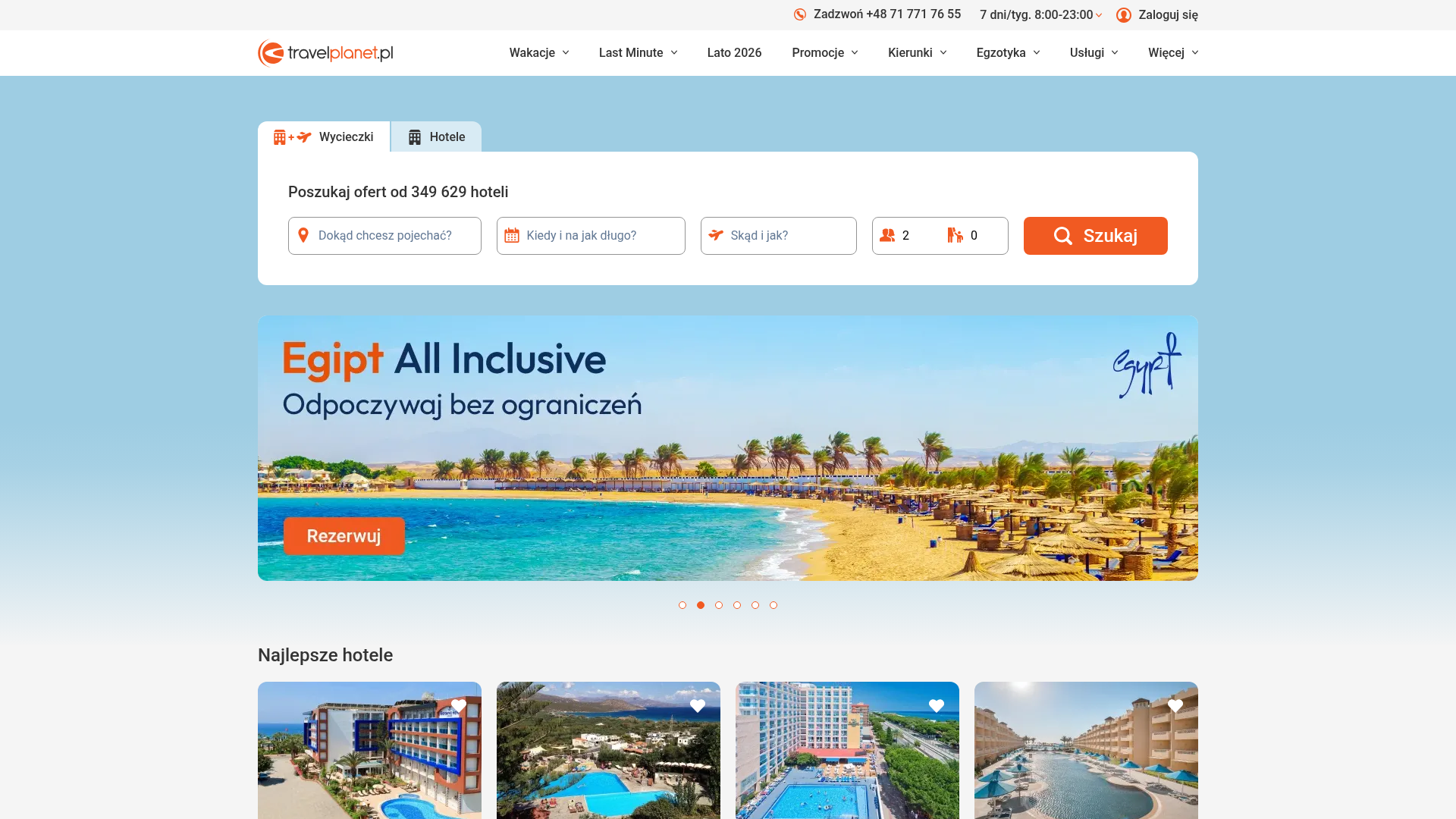 Zrzut ekranu portalu Travelplanet.pl (travelplanet.pl) — pozycja 6 w rankingu wyszukiwarek wakacji 2026: Duży polski multi-agent z pełną gamą wycieczek i gwarancją najniższej ceny.
