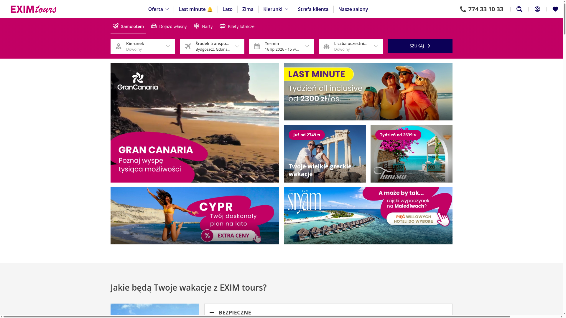 Zrzut ekranu portalu Exim Tours (exim.pl) — pozycja 13 w rankingu wyszukiwarek wakacji 2026: Czeski touroperator z bardzo szeroką ofertą Egiptu, Turcji i Tunezji.